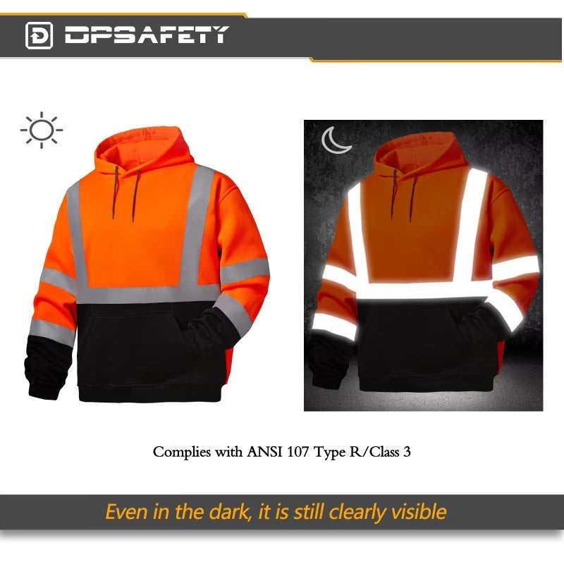 DPSAFETY High Visibility Hoodie For Men, Safety Class 3 Hi Vis Hoodie,Construction Work Sweatshirt,Reflective Hooded Sweatshirt, With Extra large Pocket Orange(2XL) - Image 4